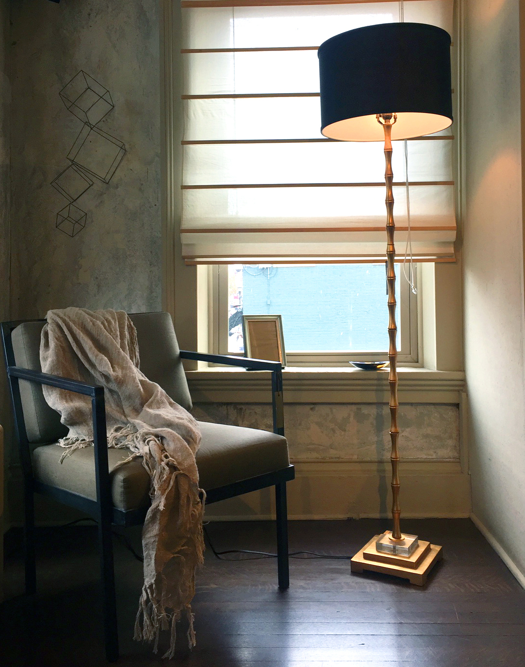   Edgar Floor Lamp  $385   Gold Leaf and Linen 65”H Shade 10”H x 16”Dia   Healy Chair  $1,475 Linen and Steel 28”D x 22.5W x 31”H - 6 weeks Made in Maine   Peasant Throw  $88 Natural Fringe Pre-Washed Linen 50” x 70”   Livorna Frame  $42 Silver 5 x 7