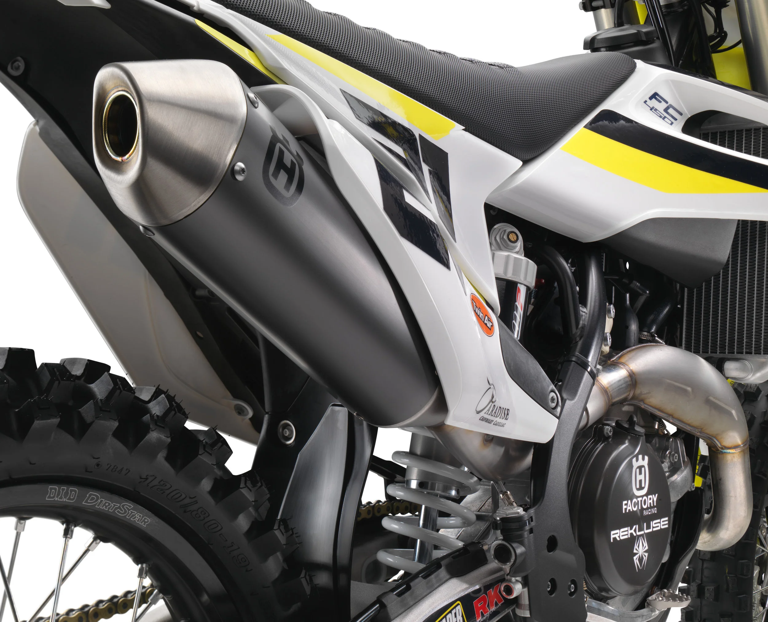No FMF or Akrapovic here. Husqvarna wanted to stick with their own branded production muffler with the new machine. 