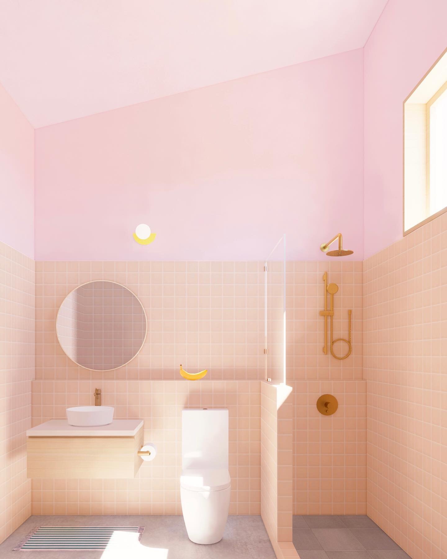 Bathroom with a tall sloped ceiling for a vacation house 🧼 ⛱ 🫧🍌
.
.
.
#banana #bathroomdesign #slopedceiling #squaretiles #fireclay #twotone #interiordesign #shapesandcolors #brassfittings #desertlife #joshuatree #yuccavalley #relaxingspace #white