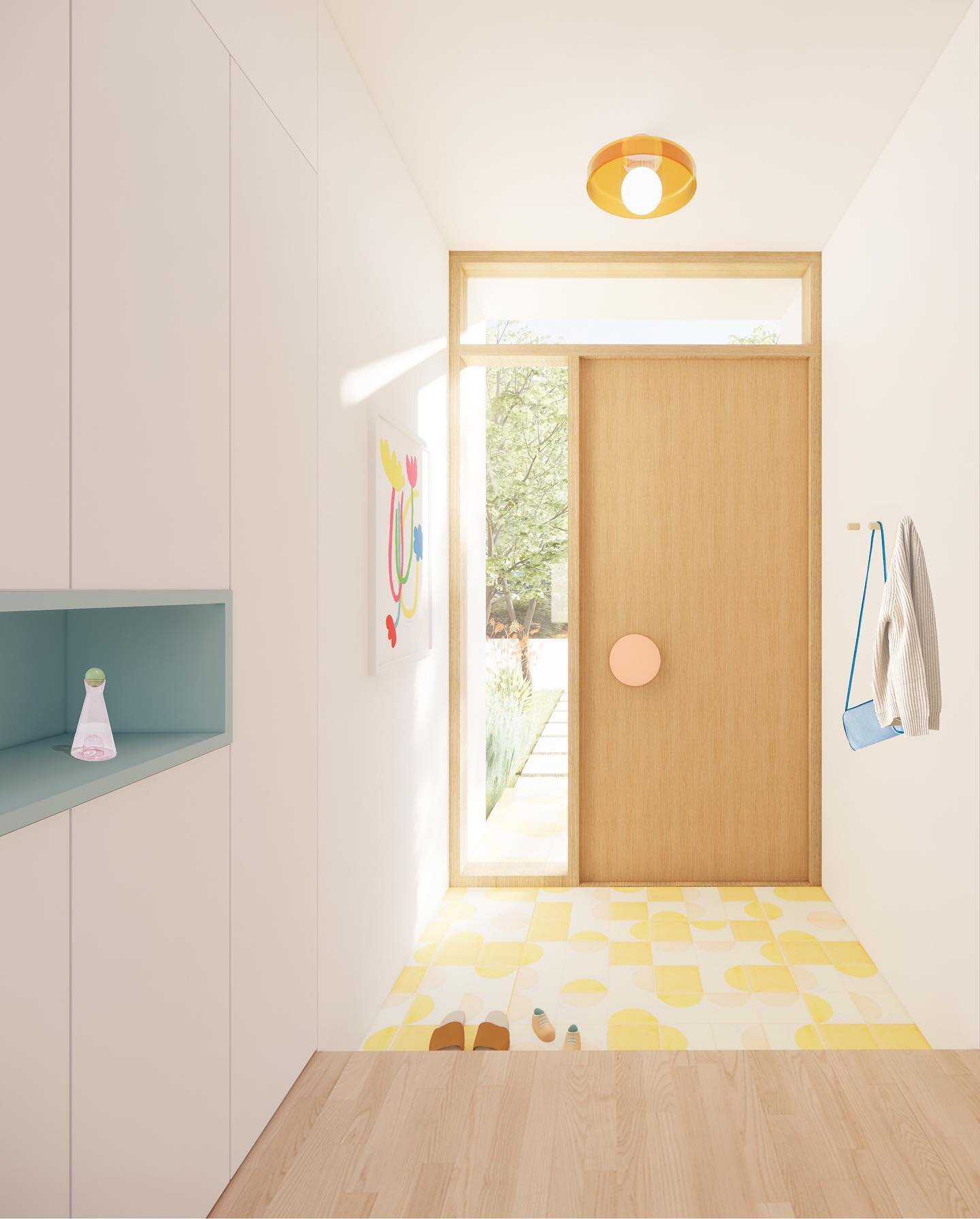 An entry concept that invites spring into the house. 🐛🌞🌱Looking forward to sharing more about our new project ! 
Illustration in the image is by Airi Kuroda
.
.
.
#springisalmosthere #entrydesign #builtincloset #wooddoor #tileinspiration #interior
