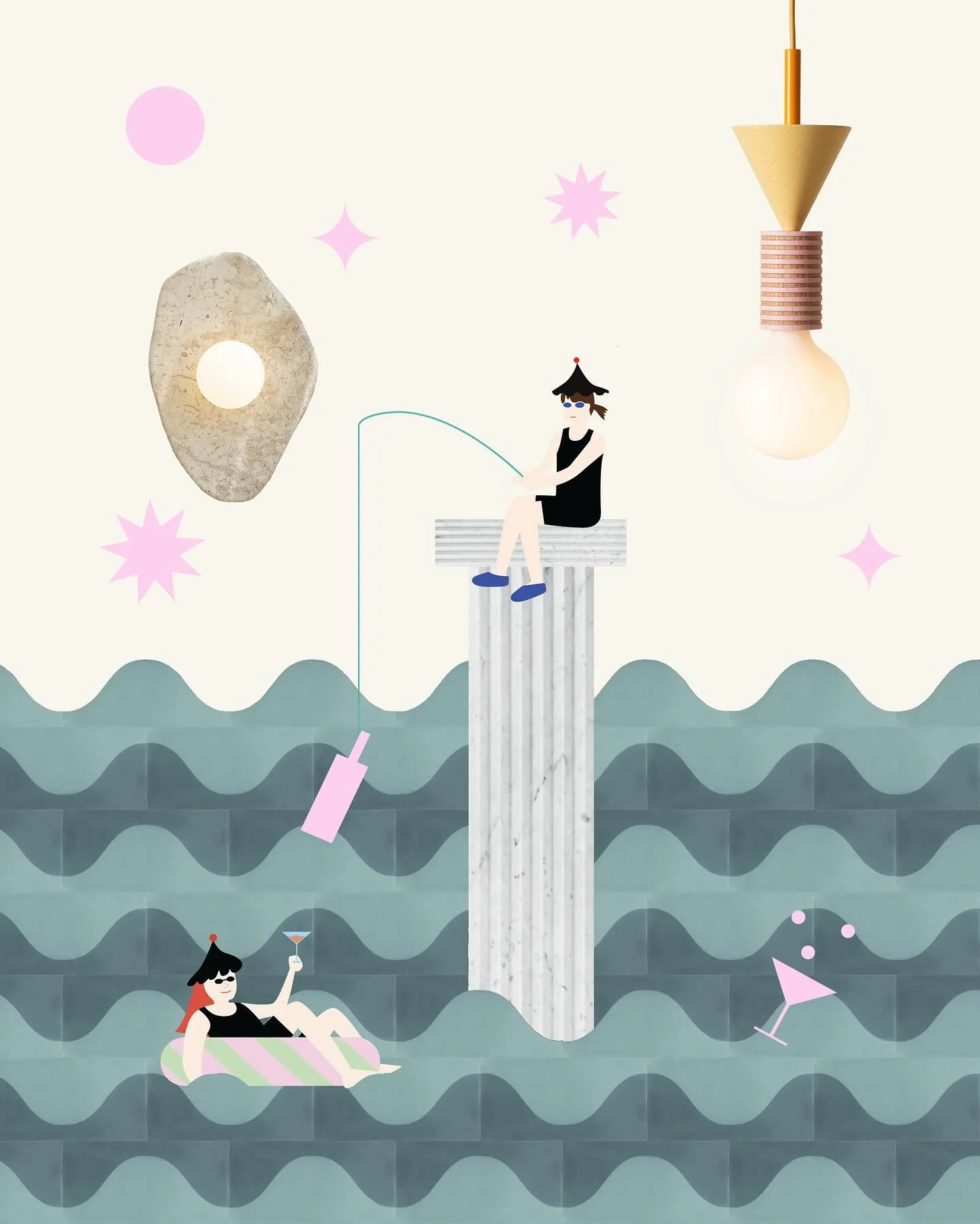 Once upon a time, there was a beach with geometric waves and pink stars that turned silver at night. 🎀🩶
Materials tell stories. These material collages are part of the narrative for a new Mediterranean restaurant interior. Inspired by the ocean and