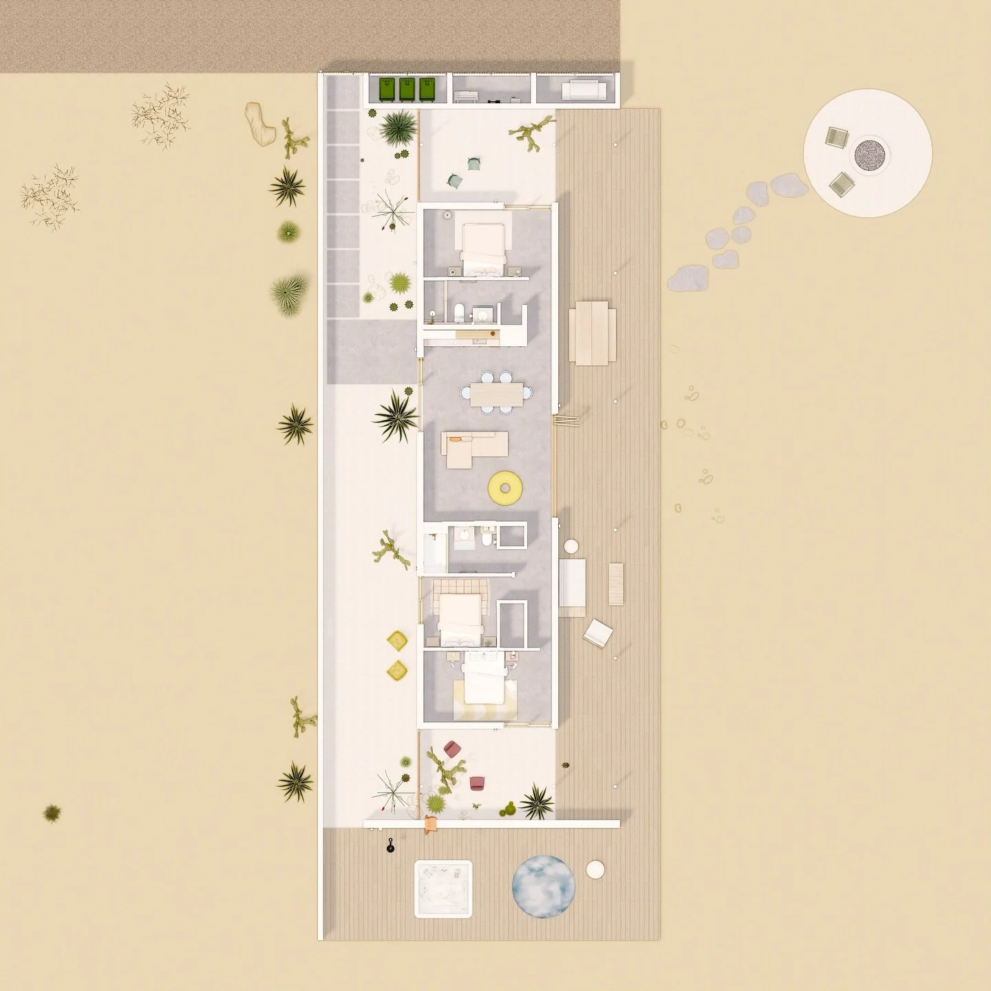 Here&rsquo;s a plan view of our Joshua Tree vacation house 🌵 This design is all about embracing the outdoor lifestyle by blurring the boundaries between interior and exterior. The living room extends seamlessly into the desert landscape with large b