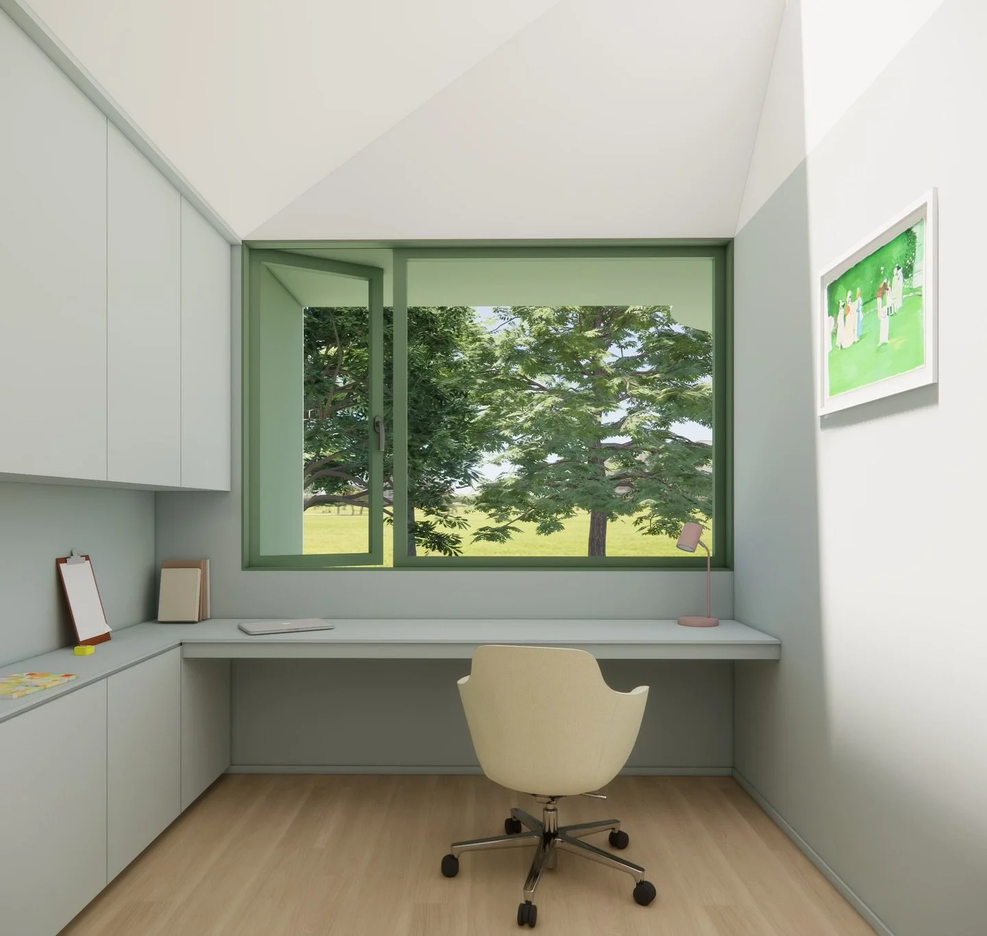 What&rsquo;s your dream home office set up? We designed this office to feel peaceful. All the clutters can be tucked away in the built in storage so the space can stay simple.
.
.
.
#HomeOfficeDesign #InteriorArchitecture #ModernInteriors #MinimalHom