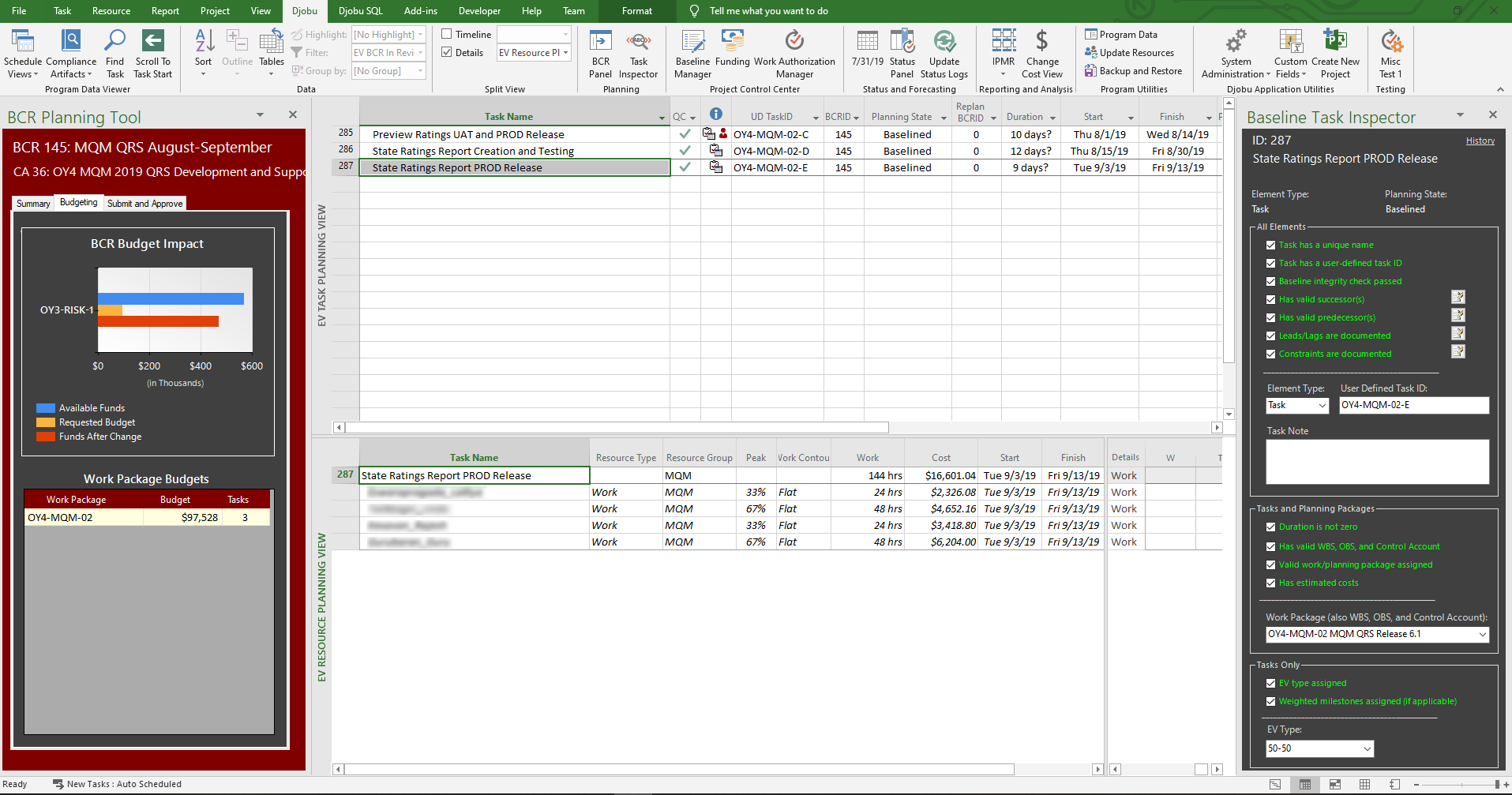 Custom BCR Panel Integrated in MS Project