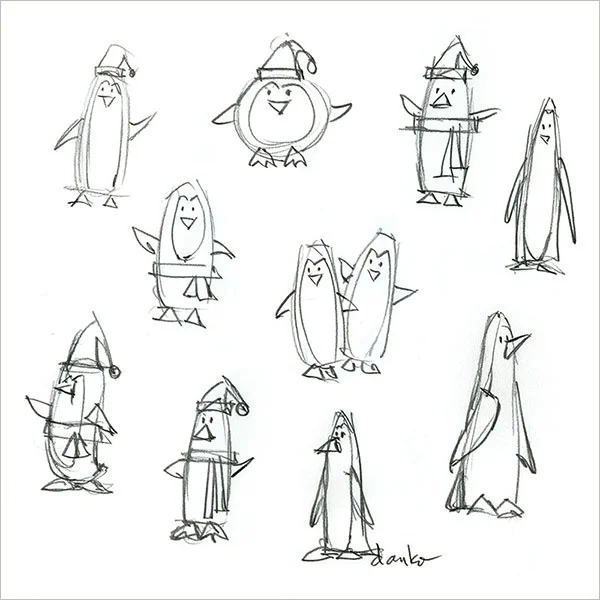 Concept sketches for an American Greetings Penguins gift wrap design.