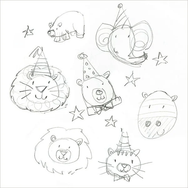 Concept sketches for an American Greetings Circus Animals gift wrap design.