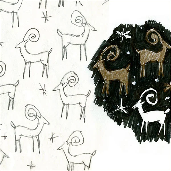 Concept sketches for an American Greetings Reindeer gift wrap design.