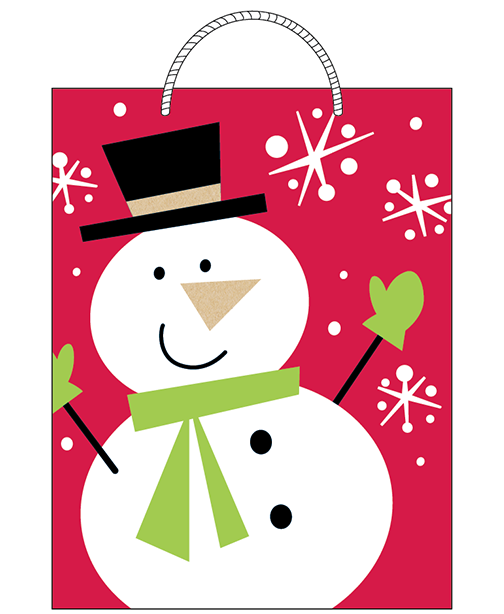 &nbsp;&nbsp;&nbsp;&nbsp;&nbsp;&nbsp;&nbsp;&nbsp;&nbsp; Finished Snowman gift bag design sold at Walmart. ©American Greetings.