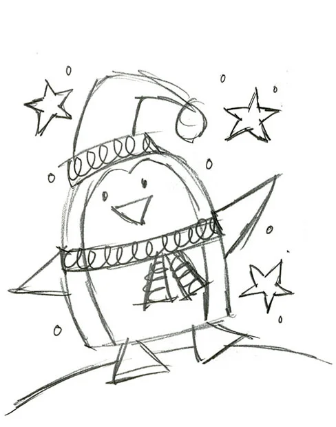 Concept sketches for an American Greetings Penguin gift bag design.