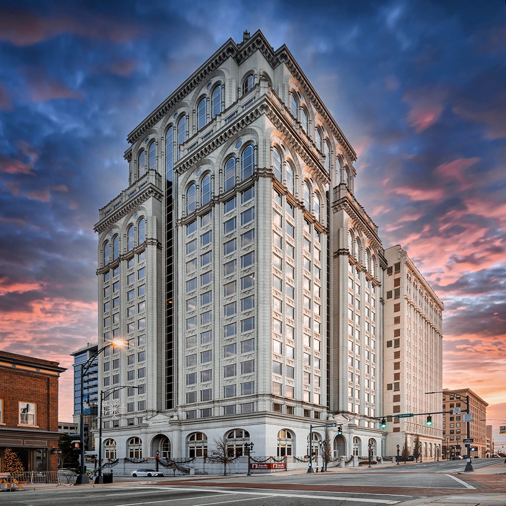 Don Evans Photography in Greensboro NC Real Estate and Architectural sunrise shot of the Lincoln Financial Group office building in downtown Greensboro