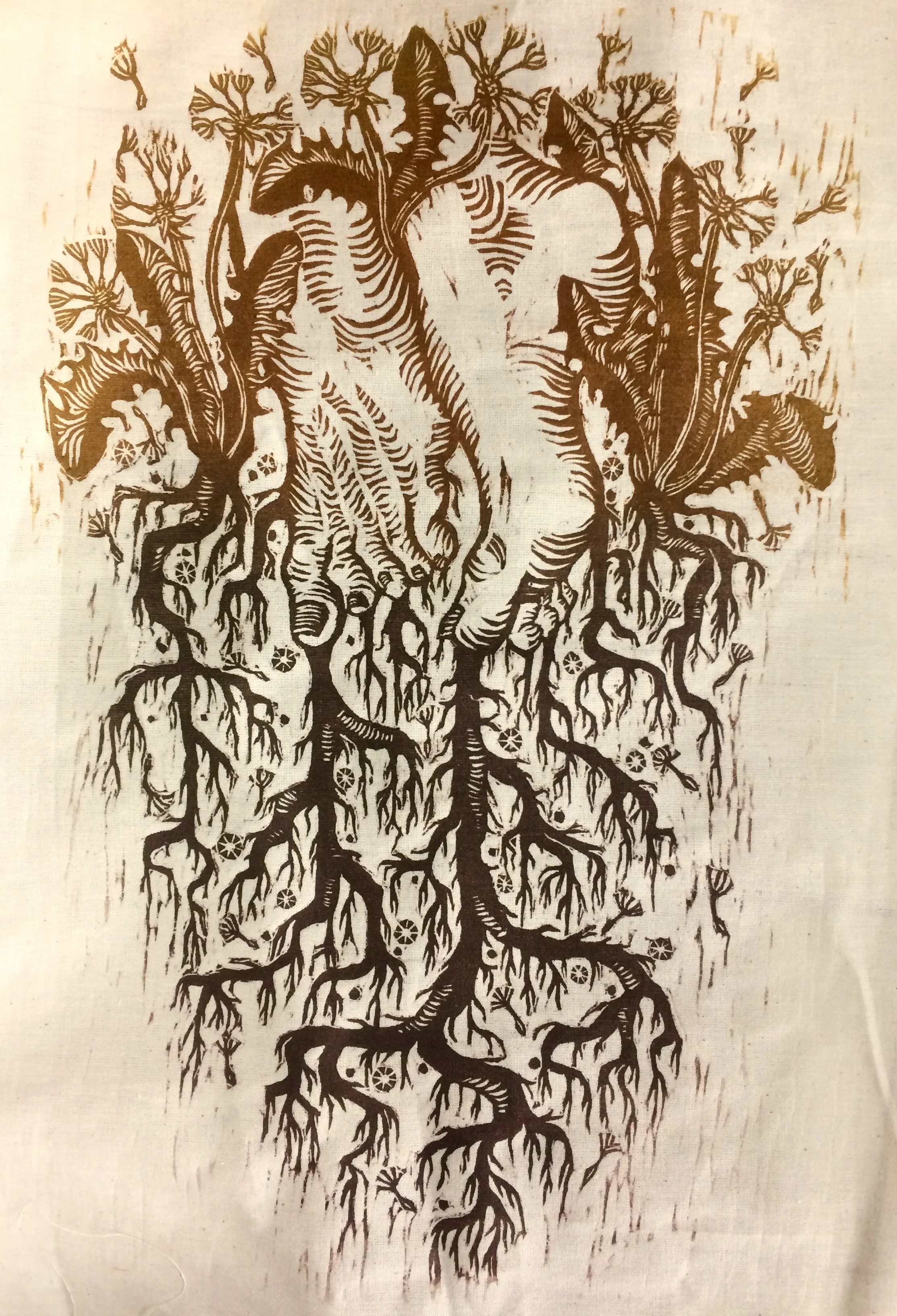 "Grounded" woodcut print on natural Linen