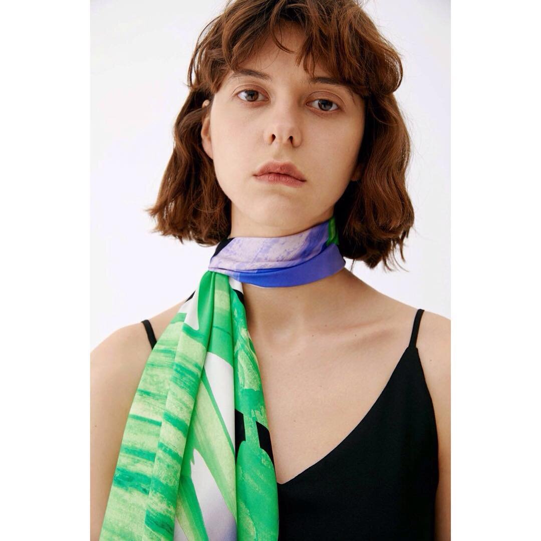 Random Walk digital printed silk scarf Aurora - 
This hand rolled hem 100% silk scarf features a contemporary graphic aesthetic design in a fresh colour combo of neon green, light purple, gradience navy and gradience dark green. Visit link in bio for