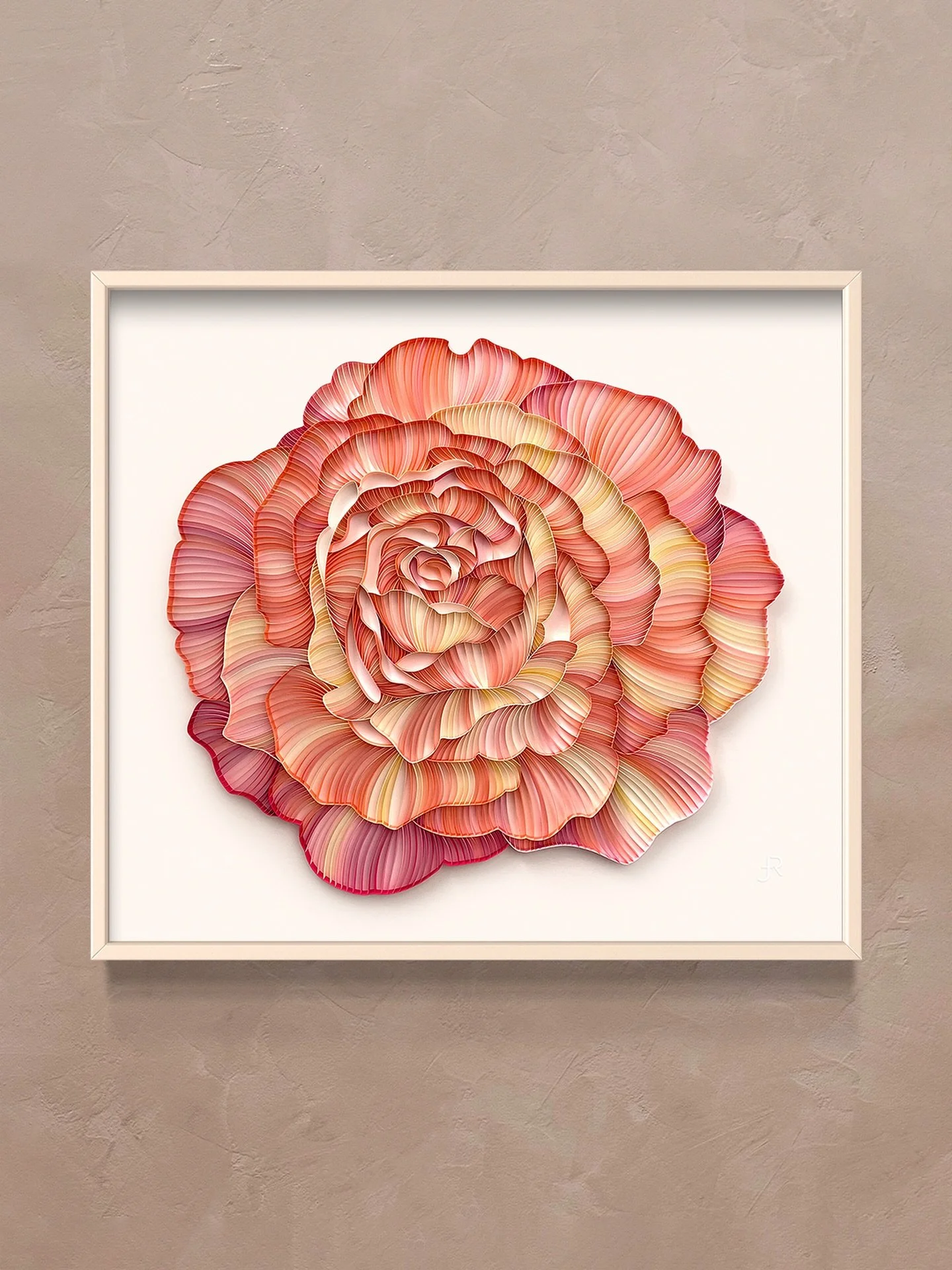 PEACH SWIRL ROSE
On-edge paper on mat board
38 x 34 inches |  965 x 864 mm

#JUDiTHandROLFE #paperart #rose #PeachSwirlRose #commission
