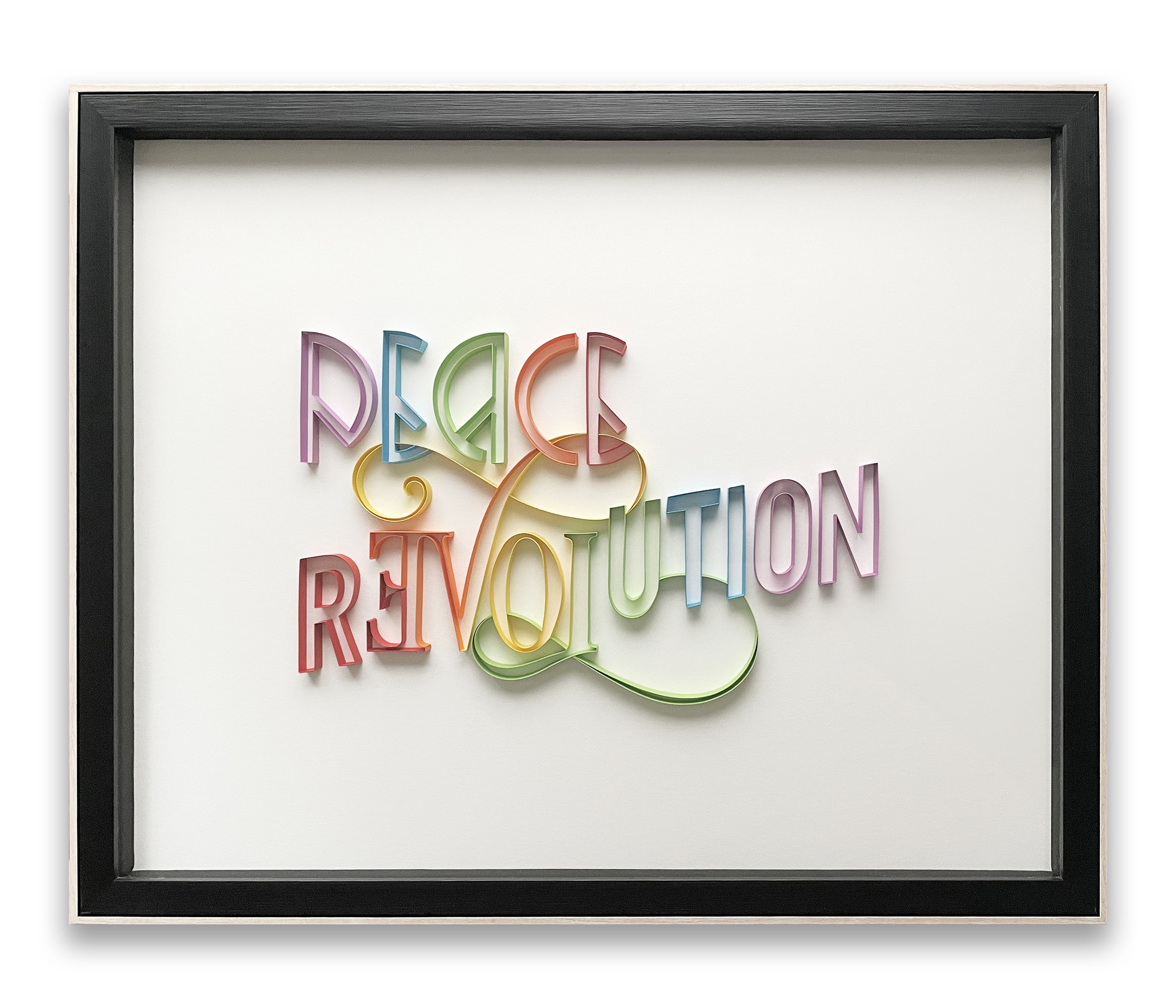 Typography original on-edge paper art - PEACE LOVE REVOLUTION Pride, framed