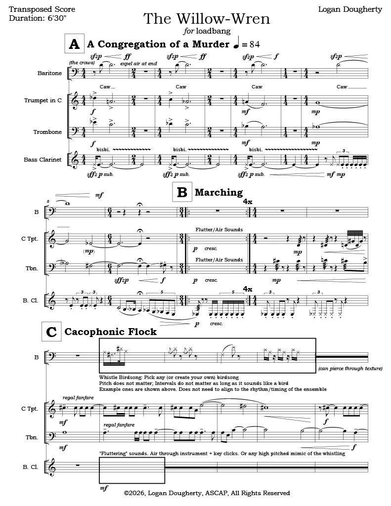 Contemporary Classical Sheet Music for Baritone voice, Trumpet, Trombone, and Bass Clarinet for a piece composed for loadbang ensemble as part of the 2026 Divergent Studio