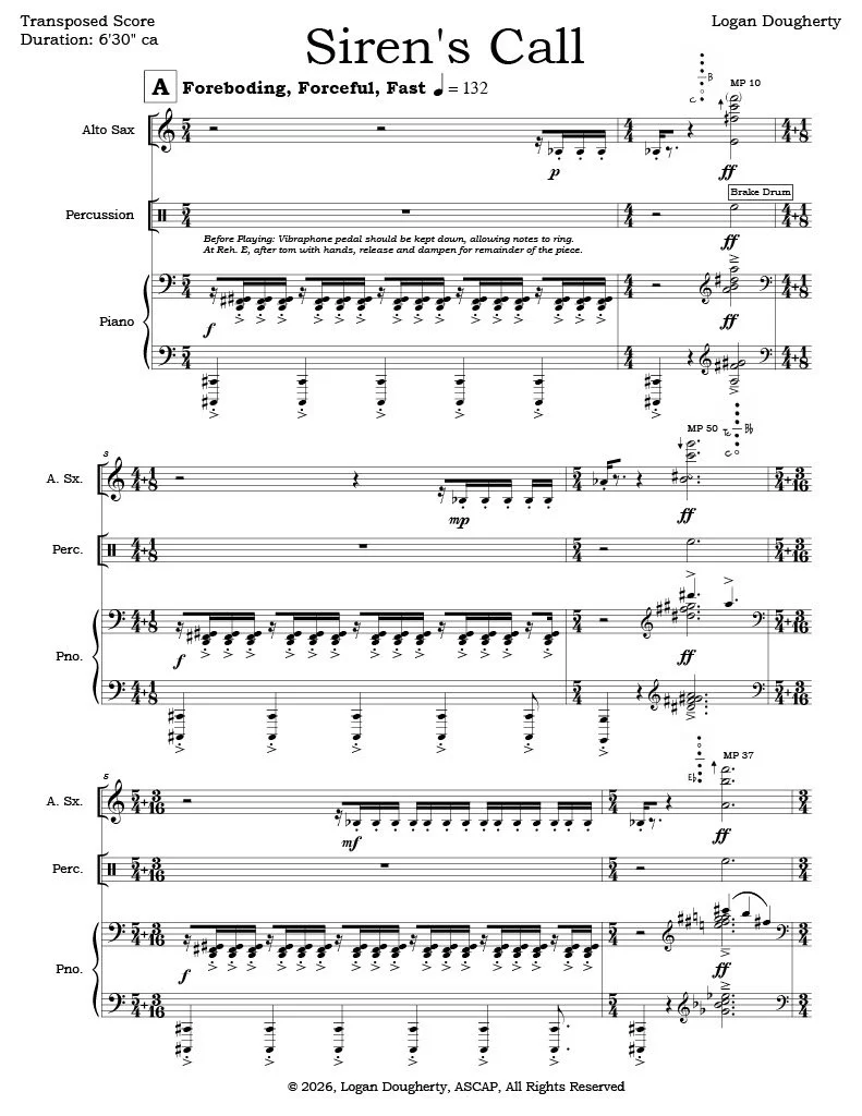 Contemporary Classical Sheet Music for Alto Saxophone, Piano, and Percussion (Vibraphone, Toms, Bass Drum, Brake Drum). Written for Contemporary Arts Music Project (CAMP) as part of the Iceberg New Music Institute in Olrando, Florida.
