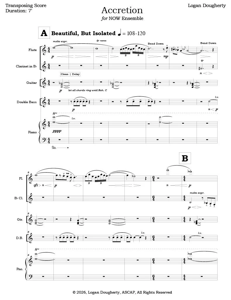 Contemporary Classical Sheet Music for Flute, Clarinet, Piano, Electric Guitar, and Double Bass/Contrabass. Written for NOW Ensemble during a guest artist residency at the Lamont School of Music, University of Denver