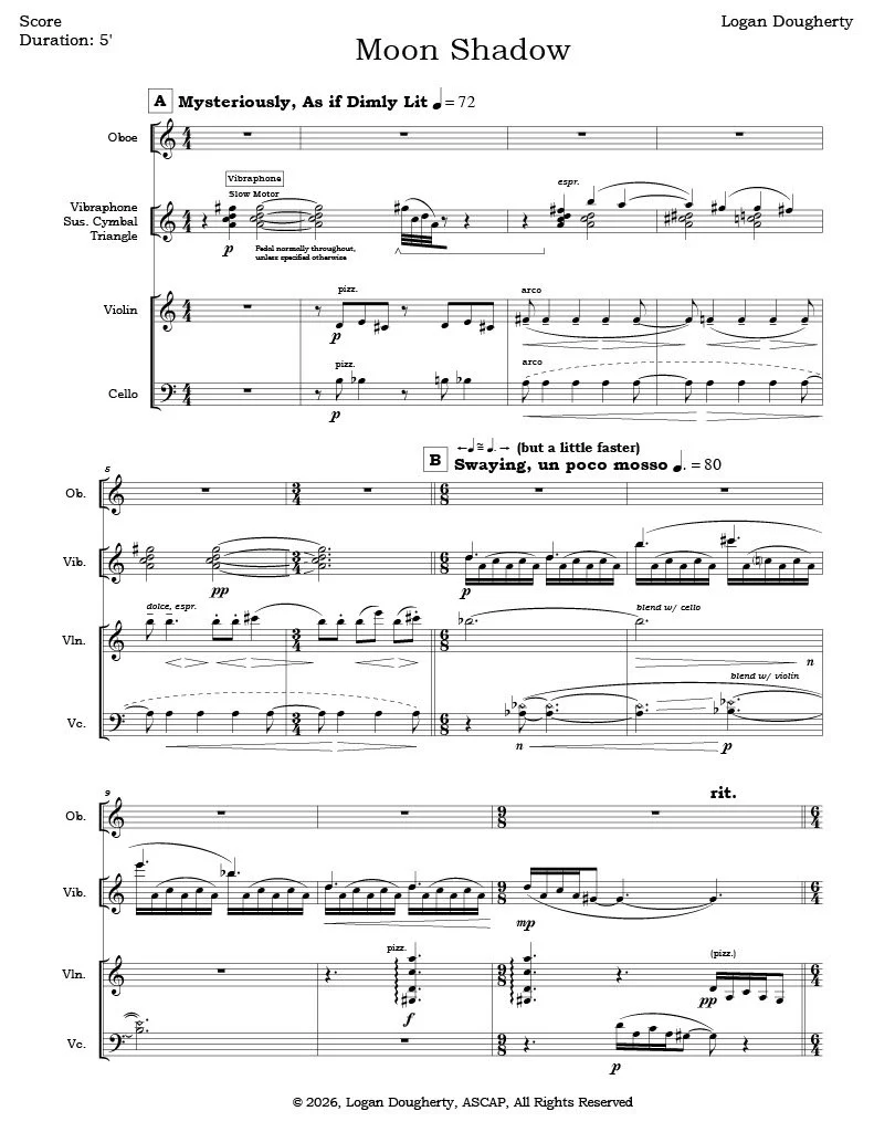 Contemporary Classical Sheet Music for a Mixed Chamber Ensemble utilizing Oboe, English Horn, Violin, Cello, and Percussion (Vibraphone, Glockenspiel, etc.) written for student ensembles at University of Denver, Lamont School of Music