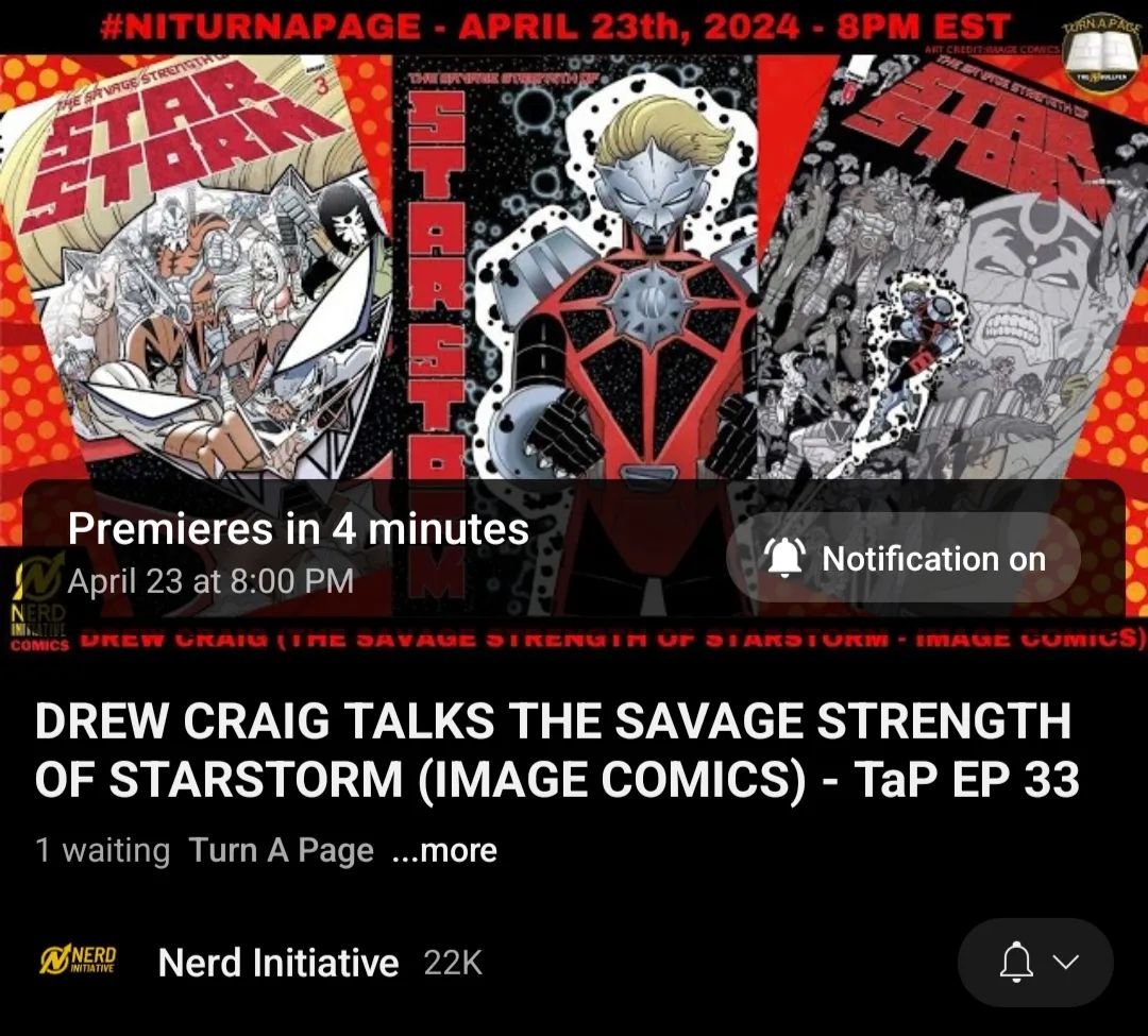 8pm EST TUESDAY NIGHT - Join Ken &amp; @offthecufftom  as they talk with @drewcraigart about THE SAVAGE STRENGTH OF STARSTORM (@imagecomics) on @nerd.initiative YouTube! Subscribe now and don't miss it! 
https://youtu.be/c74y0zmo-oY?si=85Hr3fJ9D119Yn