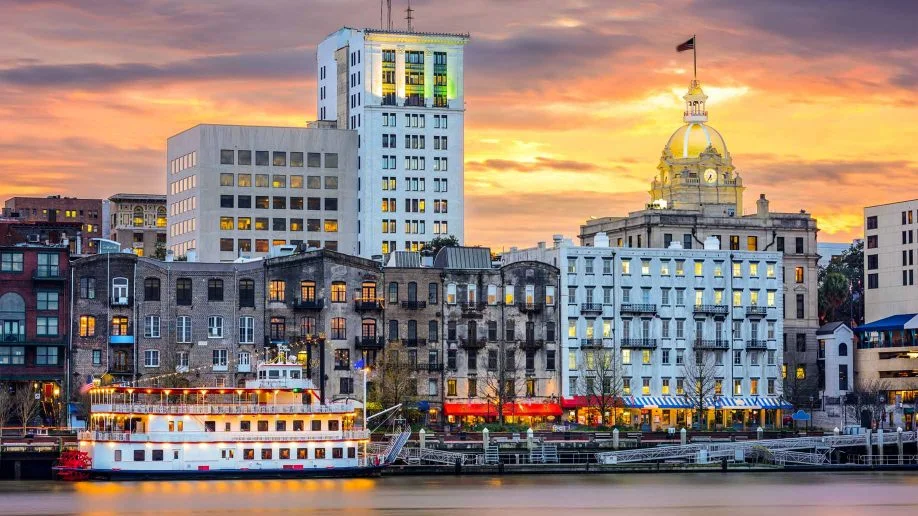 The Savannah River skyline at sunset. Photo by Brian Martucci.