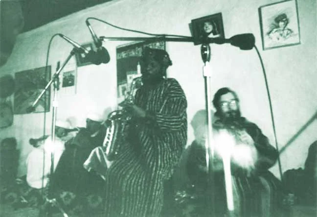 Ornette Coleman and Robert Palmer recording with "Hadj" Abdesalam Attar (father of Bachir Attar) of The Master Musicians of Jajouka
