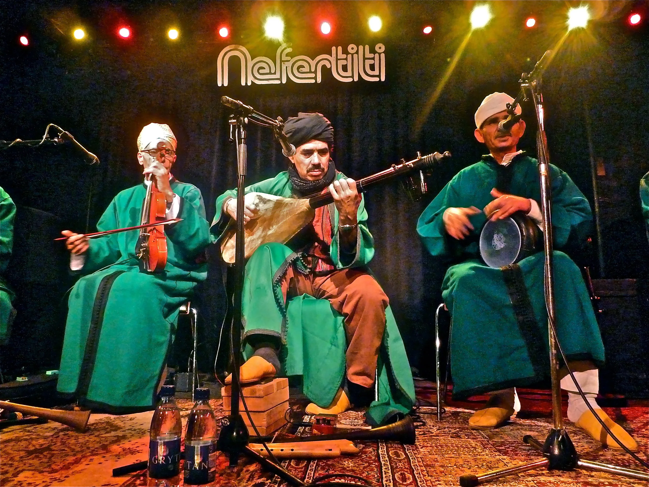 Ahmed Bakhat, Bachir Attar and Abdellah Bokhzar performing live at the Nefertiti Club with the Master Musicians of Jajouka