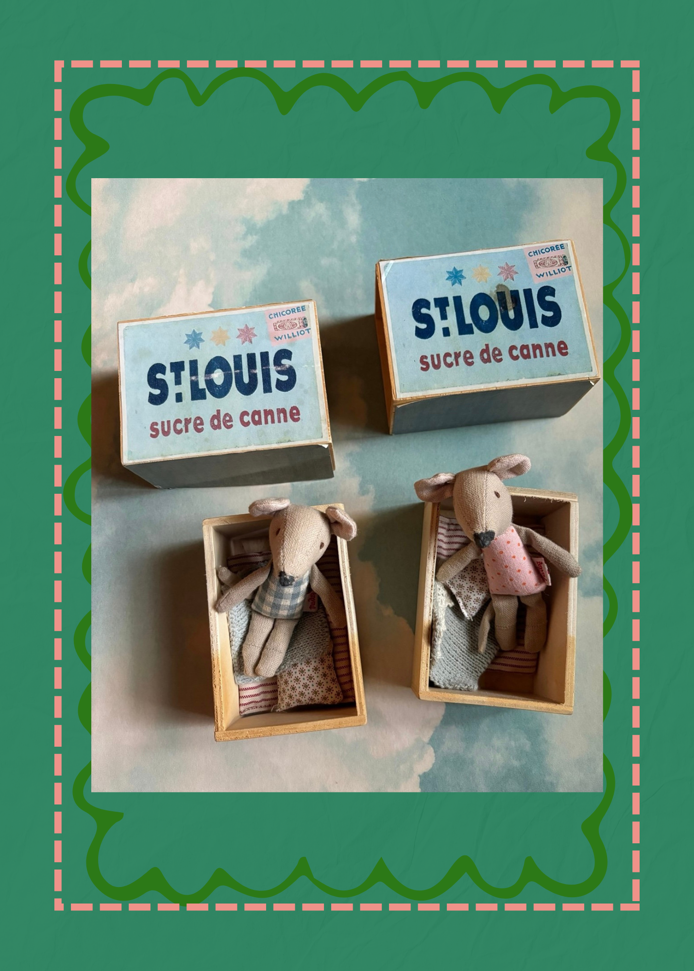 Maileg Bundle of 2 Retired Baby Brother & Sister Mice wood matchbox Collectible