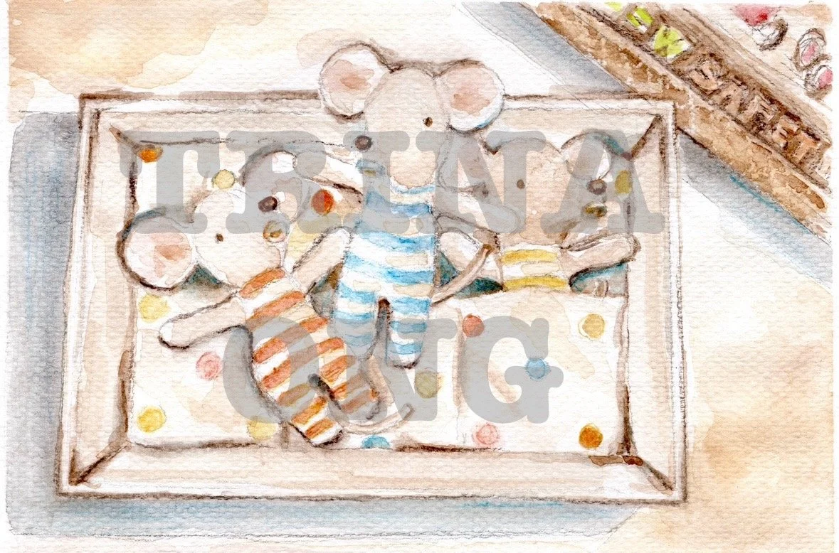 Still Life of Triplets Mice w/Pacifiers in a Matchbox