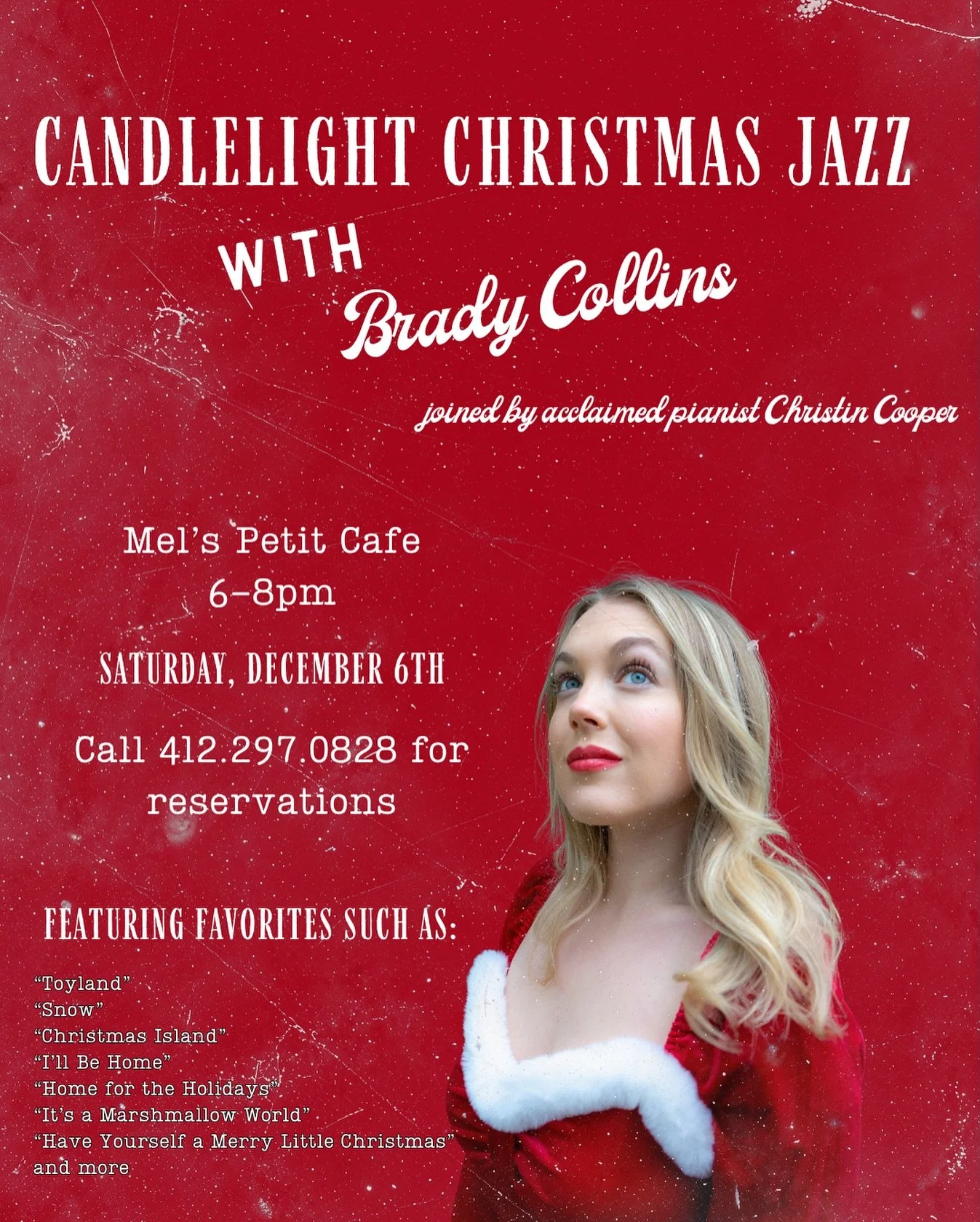 Catch me at Mel&rsquo;s Petit Cafe in Mount Lebanon on Saturday, December 6th for some Christmas Jazz by the candlelight 🕯️ 🎶🌲

We&rsquo;ll be performing jazzy tunes from the 40&rsquo;s &amp; 50&rsquo;s to ring in the season! 

Mel always prepares