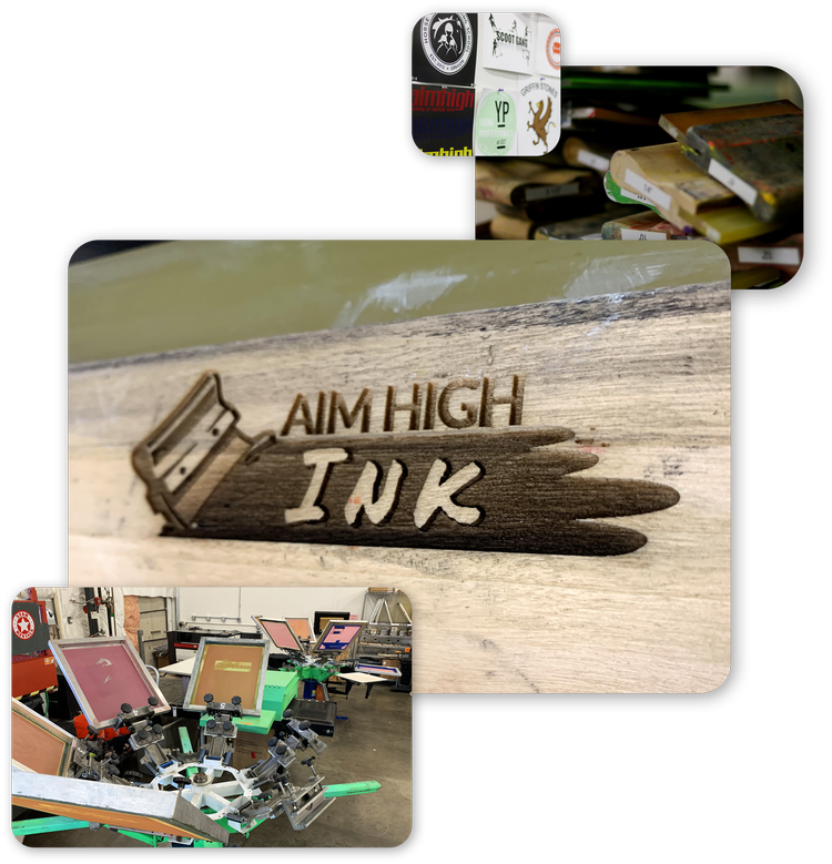 photo compilation of various scenes from Aim High Ink's workshop