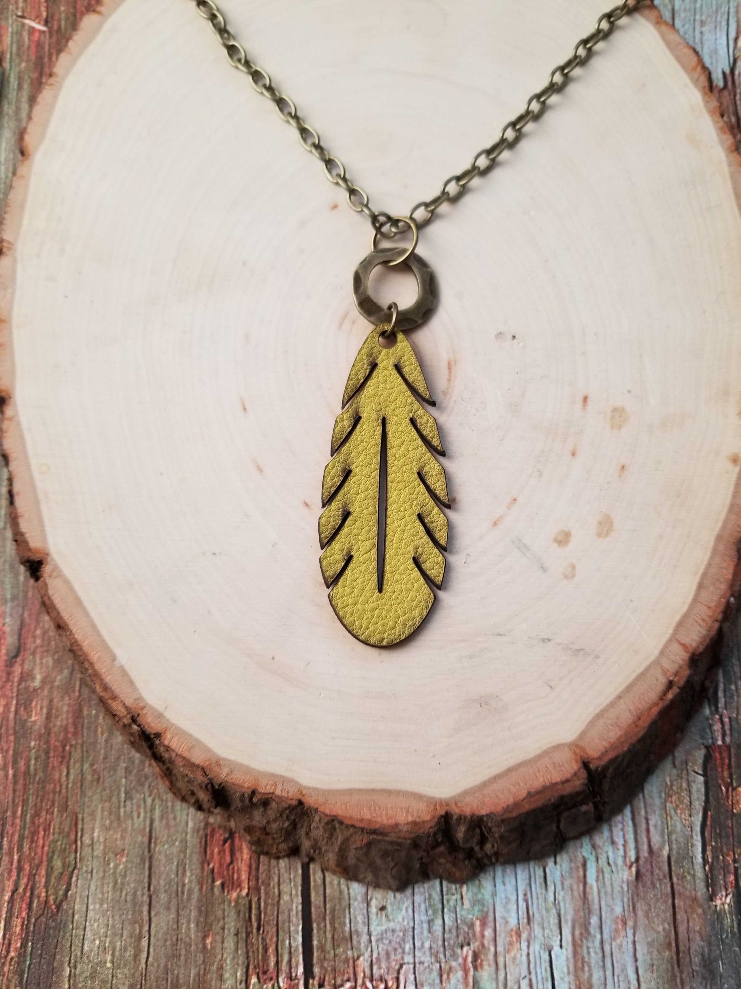 Leather Feather Necklace on Antique Bronze Necklace