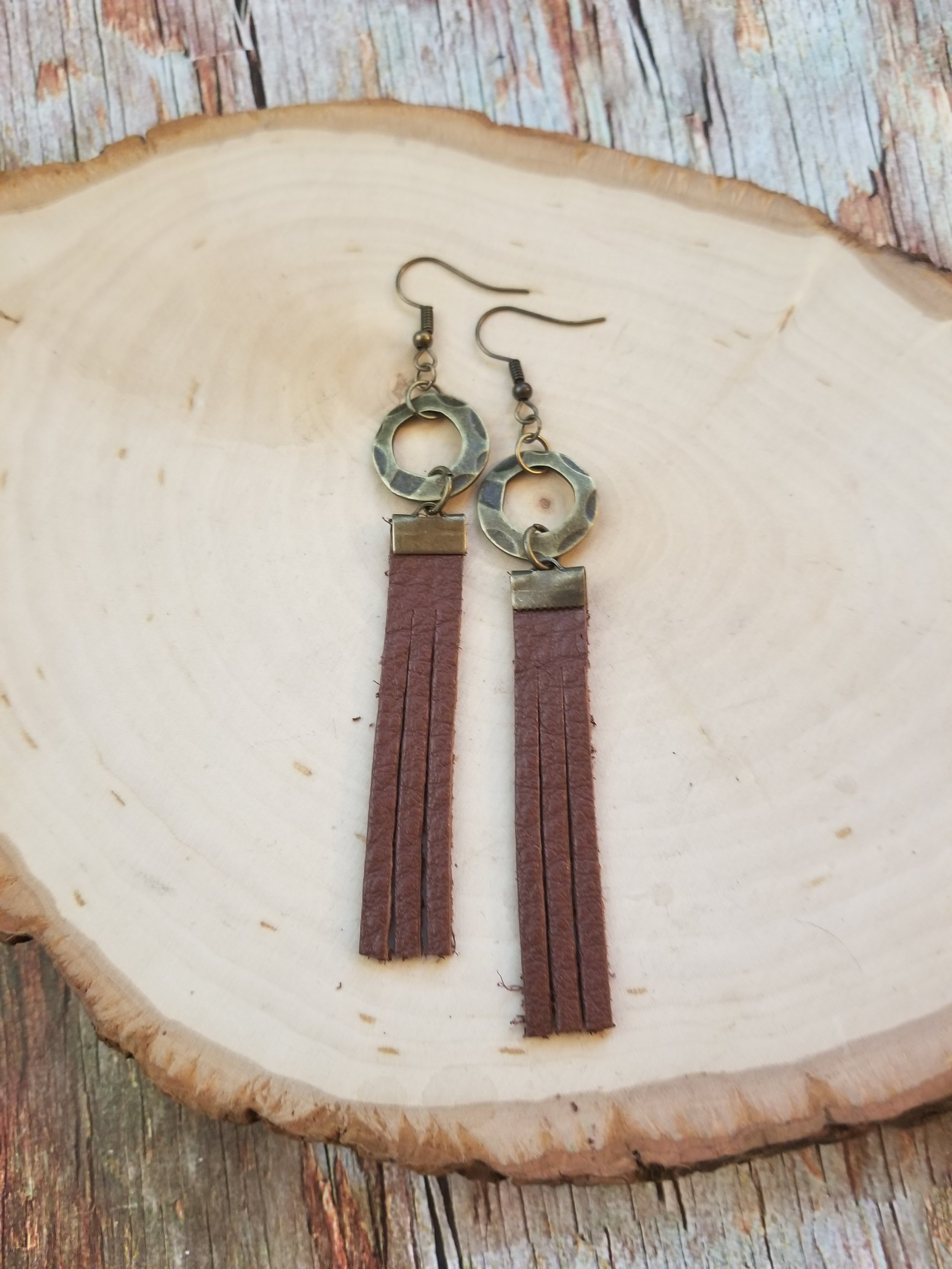 Brown Leather Fringe + Antique Bronze Earrings