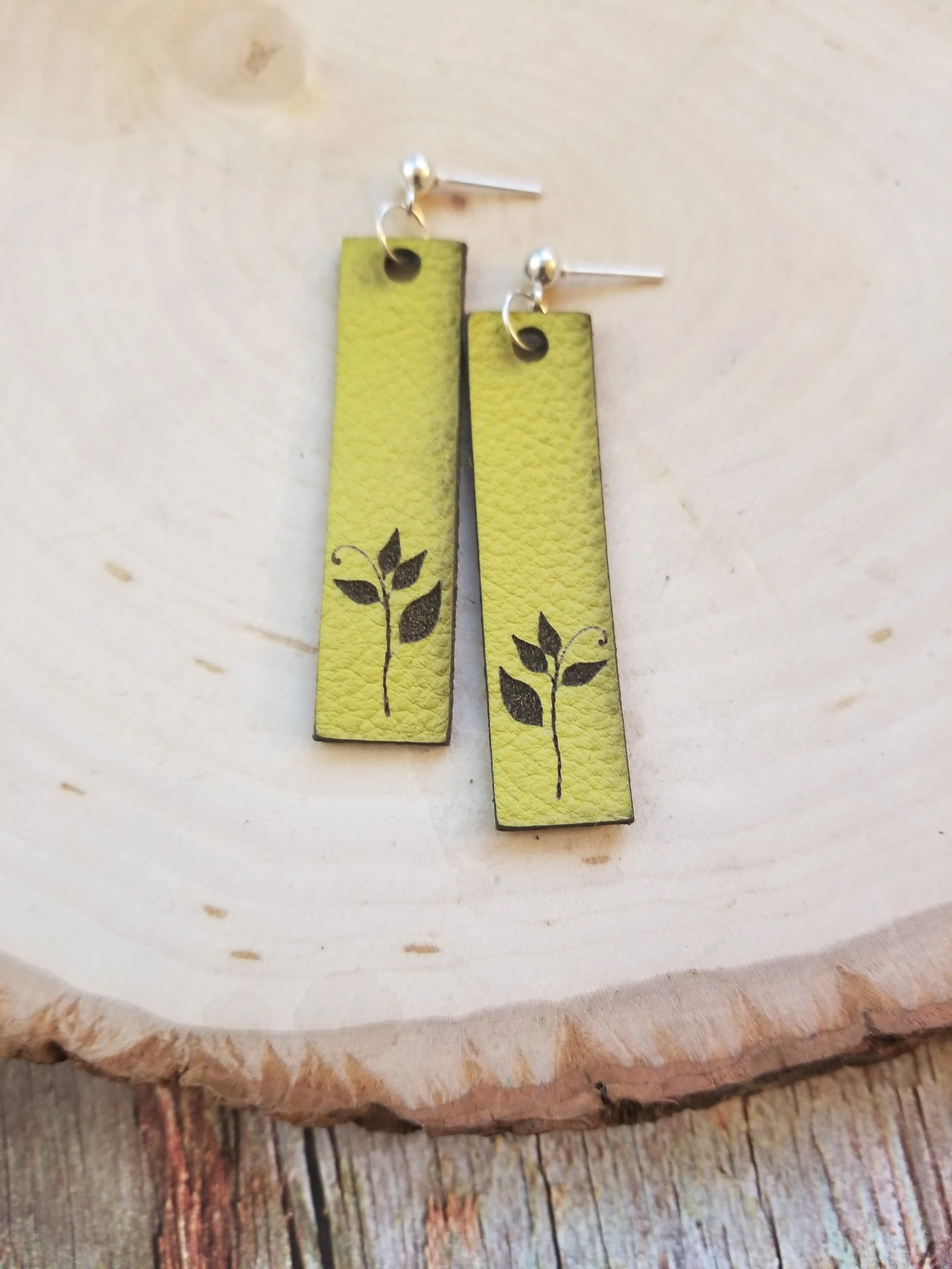 Yellow Leather Sprig Earrings (on Post)