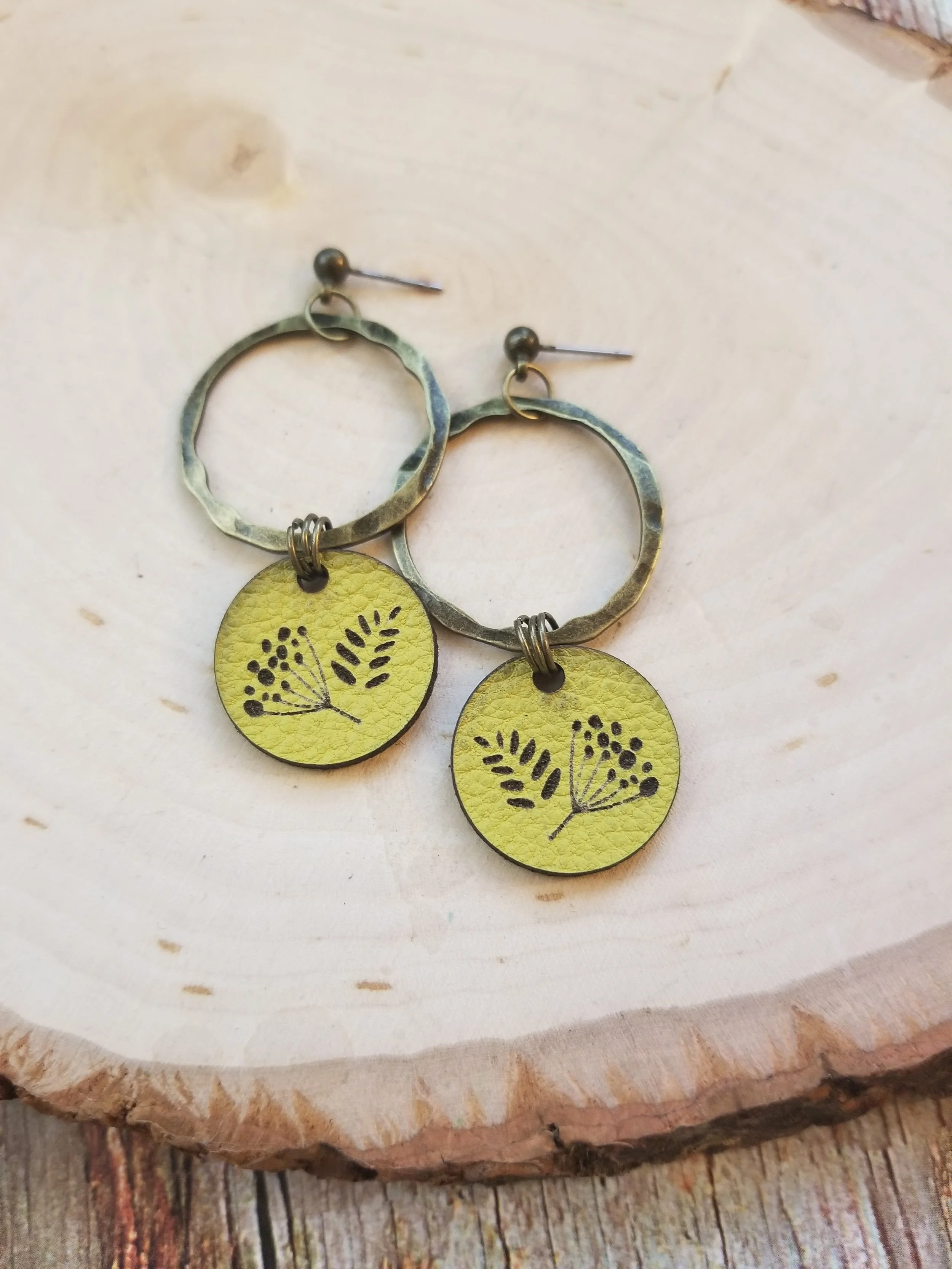 Yellow Leather + Antique Bronze Earrings (on Post)