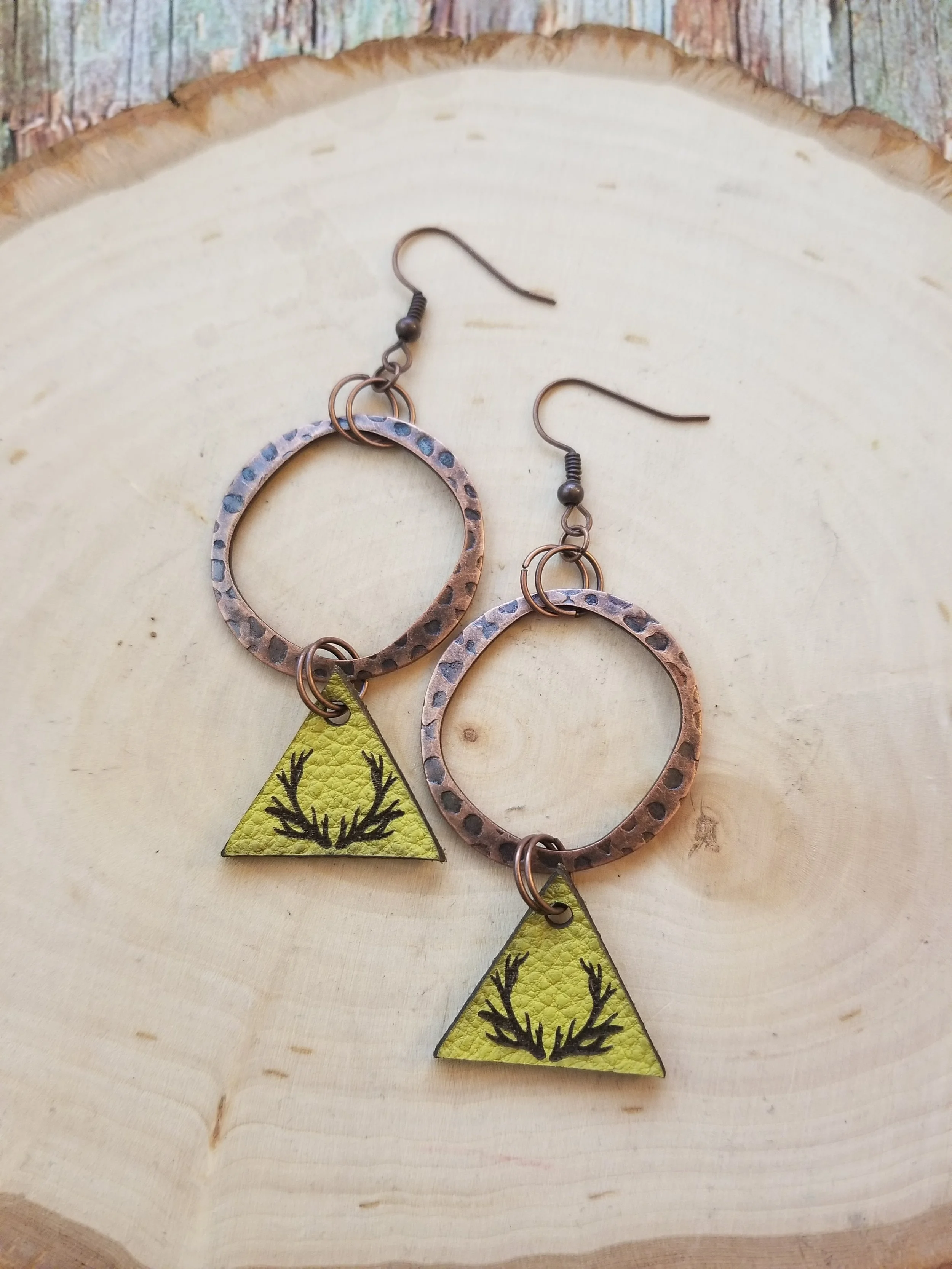 Copper + Yellow Leather Antler Drop Earrings