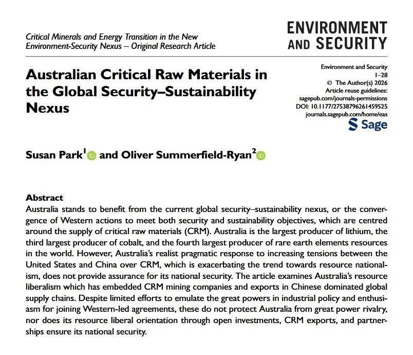 Screenshot of academic article called Australian Critical Raw Materials in the Global Security-Sustainability Nexus