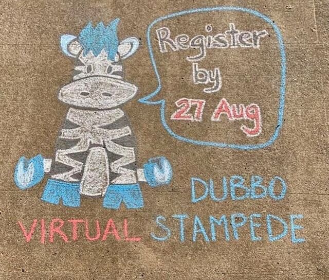 Have You Registered Yet?
One of our very talented Committee Members has been out doing a little chalk drawing to remind you.
Keep you eye out for Zoomie when you walk/run around the river.
(Share a Selfie with Us)
&ldquo;Socially Distant. Virtually T