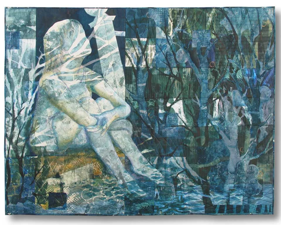 "Becoming One with the Night" is the art quilt I looked at through the window reflections. It's here on my web site in the Journeys and Stories gallery.