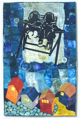 “Flight of the Magical Lawnchair” Textile Collage/Art Quilt, 29.5” x 46”