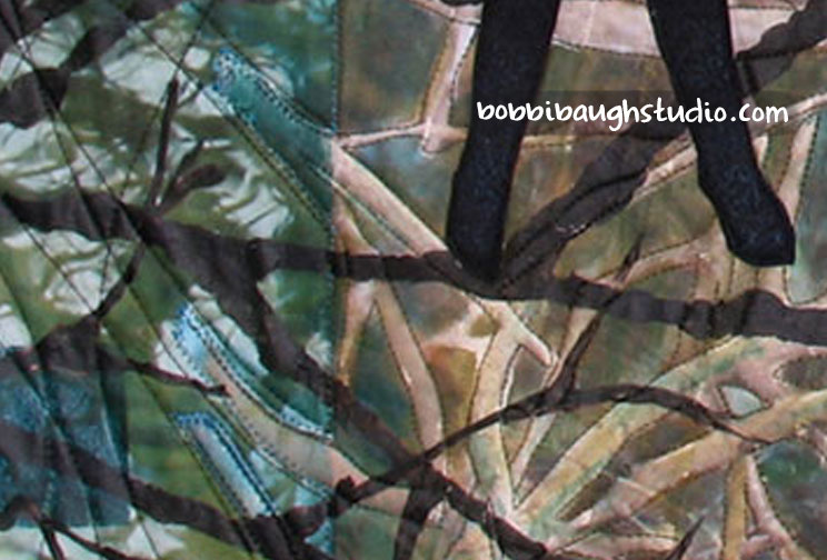 Beneath the girl’s feet is a section of complex, overlapping twigs. I am intrigued with the way they seem to suggest underground roots. I used a lot of transparent acrylic wash in this section to define and deepen the root shapes.
