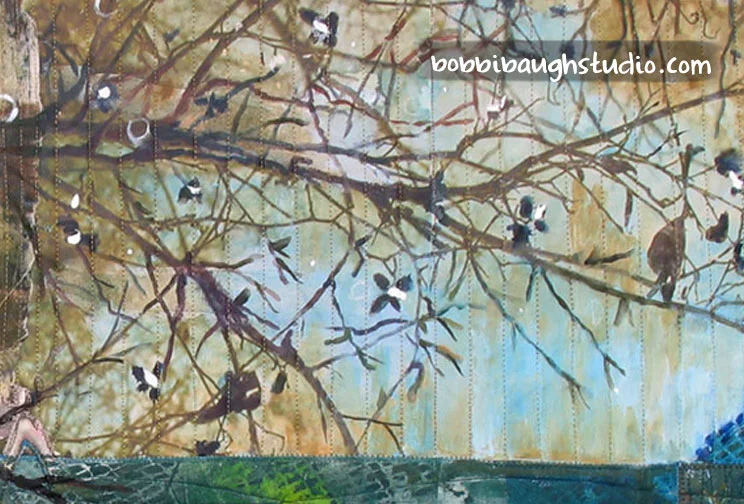 The branches at the top right are a third photo transfer. I ended up doing a lot of opaque painting on this part. The white blossom-like shapes are suggested in the photo , and enhanced by direct painting. These white shapes are related to the white circle the girl is drawing. Are they her thoughts that have taken flight?