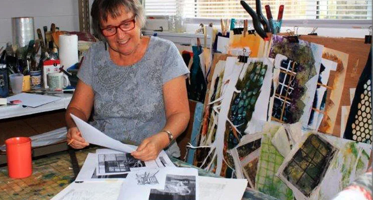 At my worktable during the studio tour, surrounded by some of my favorite image-making stencils.. (Thanks for photo Ken Naigus)