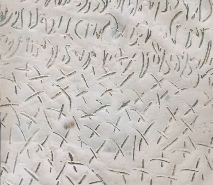 Wheat paste dried on fabric - with marks made in the paste
