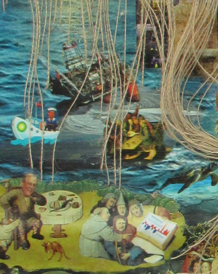 Detail “End of Eden”. We’ve added the CEO of BP and the oil spill to Bosch’s ship of fools segment, and translated one of Bosch’s gluttons into David Koch,.