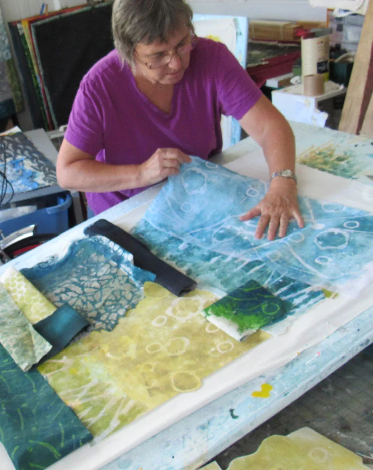 Work in progress. Trying out fabric compositions on a gessoed muslin backer.