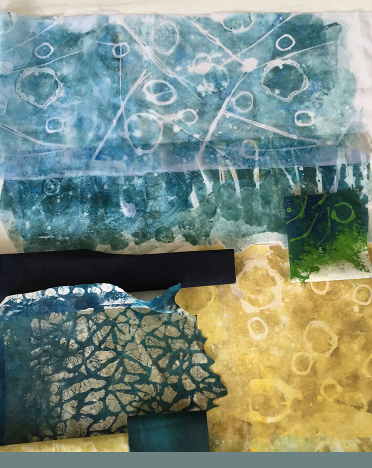 Strong blue pattern at the top, yellow bottom right.