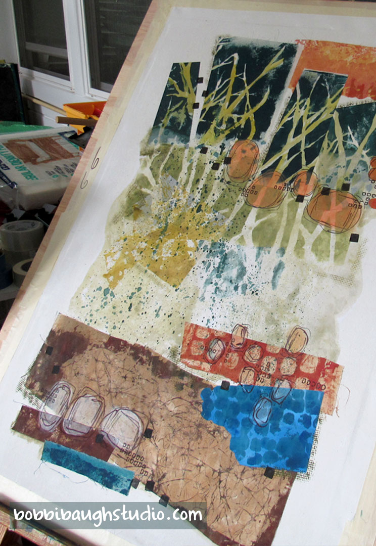 Work-in-progress on my easel, stretched and taped flat to a plywood board