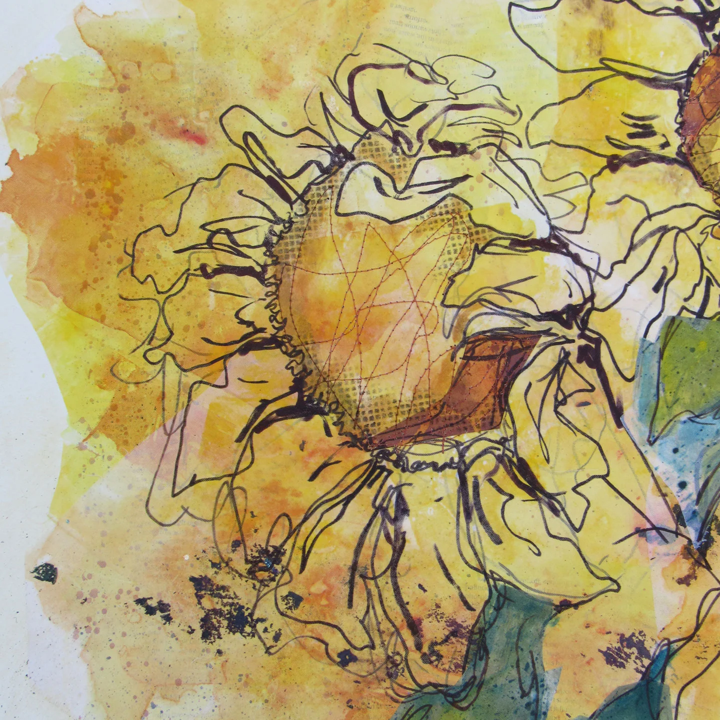 After I collaged al the layers and did some wet acrylic washes, I drew in the flower details. This detail shows the line character of the left-handed drawing.