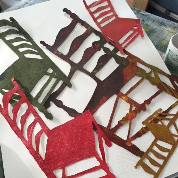I often use hand-cut stencils to create the image of the chair. I use them for monotype printing and resist imaging, and as patterns for applique. I have created them in various sizes – reaching for one in my file is like reconnecting with an old friend.
