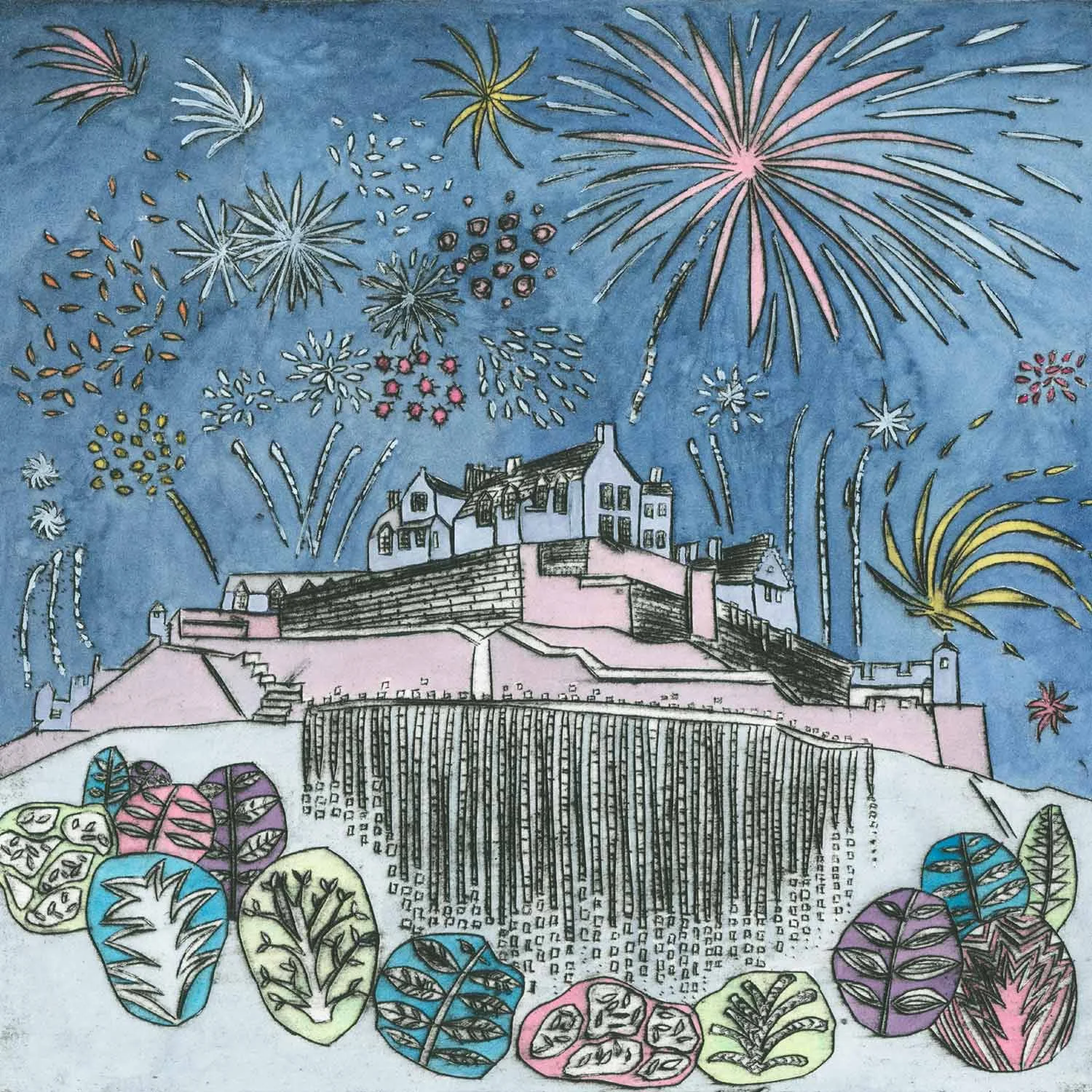 2-Edinburgh-Castle-fireworks-full-Scotland-naive-art-collagraph-print-greetings-card-blank-inside-envelope-colourful.jpg